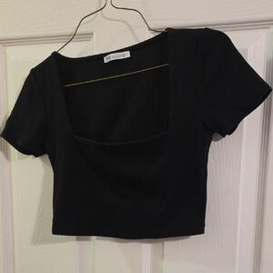 Zara Black Short-Sleeve Square Neck Crop Top